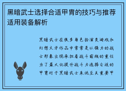 黑暗武士选择合适甲胄的技巧与推荐适用装备解析