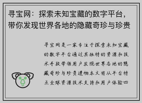 寻宝网：探索未知宝藏的数字平台，带你发现世界各地的隐藏奇珍与珍贵遗物